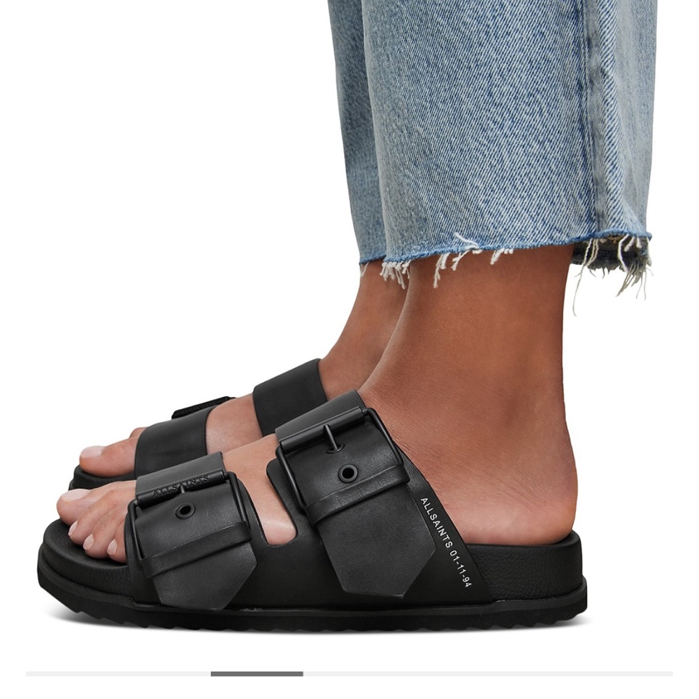AllSaints Black Double-Buckle Slide Sandals
